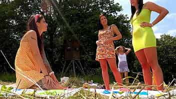 Sexy and Hot Shaved Pussy Girls in Flirty Sundress Short Skirts Playing Games. Beautiful Big Tits Big Ass Girls Party Outdoors by Playing Games and Trying Panties and NO PANTIES. video