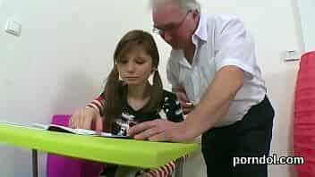 Elderly tutor masturbates and drills undressed charming nympho video